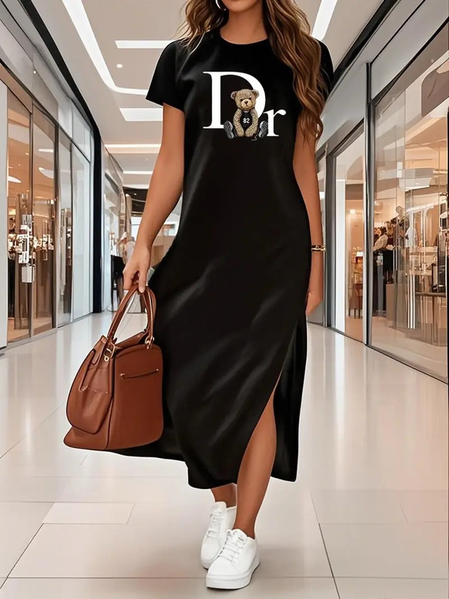 Women's Elegant Black DR Letter Print maxi dress