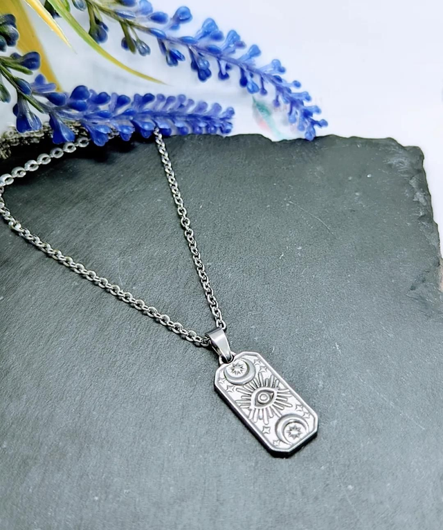 Stainless Steel Necklace with Sun, Moon &amp; Star Pendant.