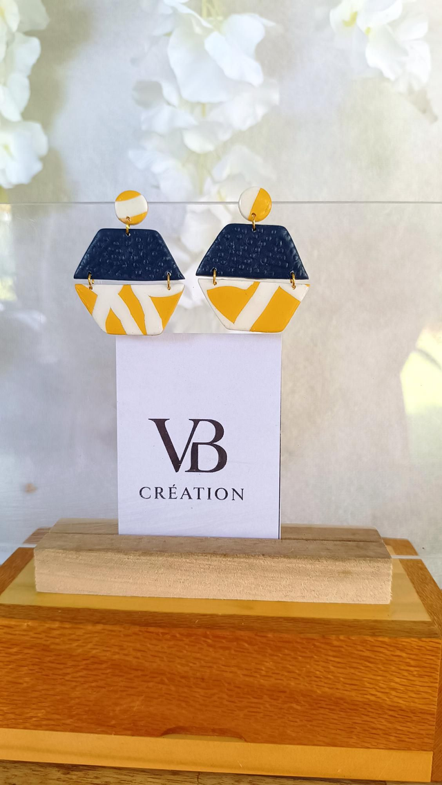 Bi-trapèze bleu marine/moutarde-blanc