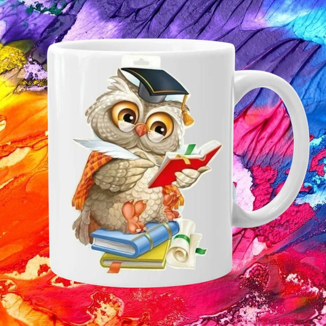 Kaffeebecher Eule auf Buch