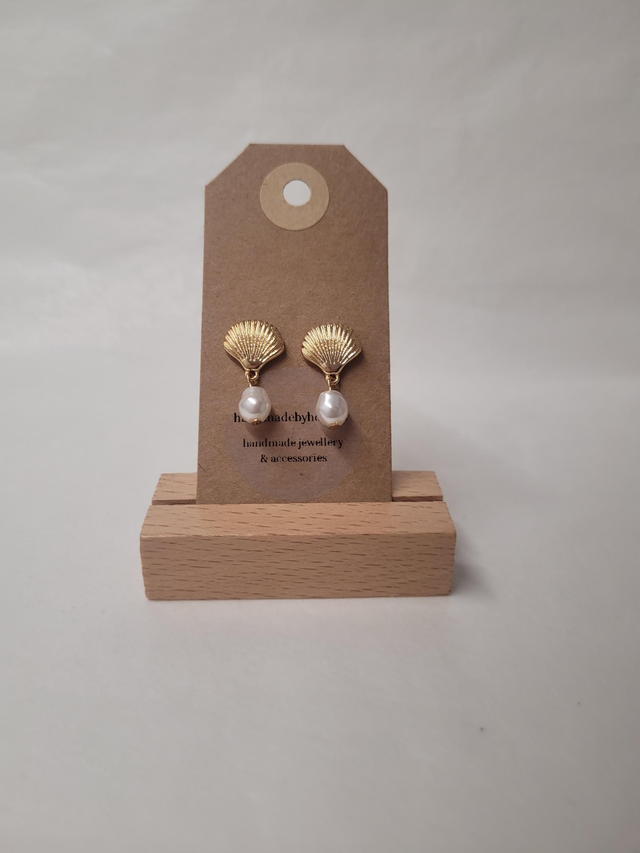 Shell Charm Drop Stud Earrings With Pearl Bead - Gold Plated - HBH-028