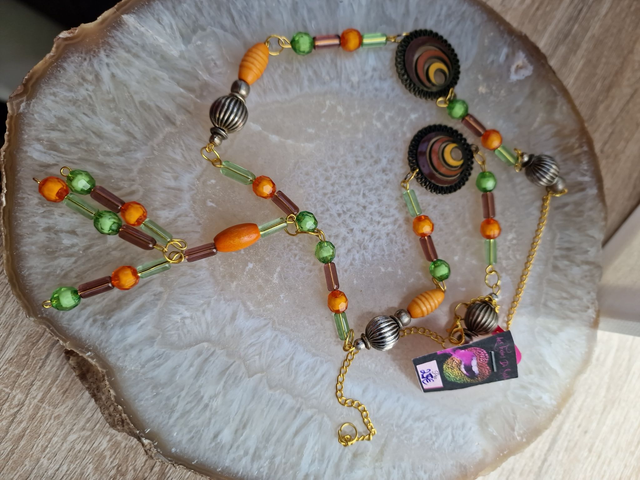 Collier Sautoir Doré Perles Orange Vert Marron