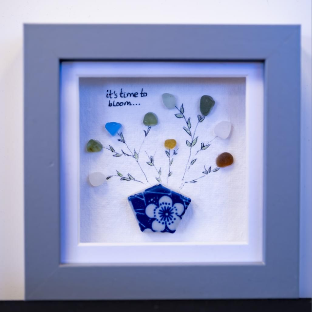 'Its time to bloom' Sea Glass Art 10x10cm Framed.