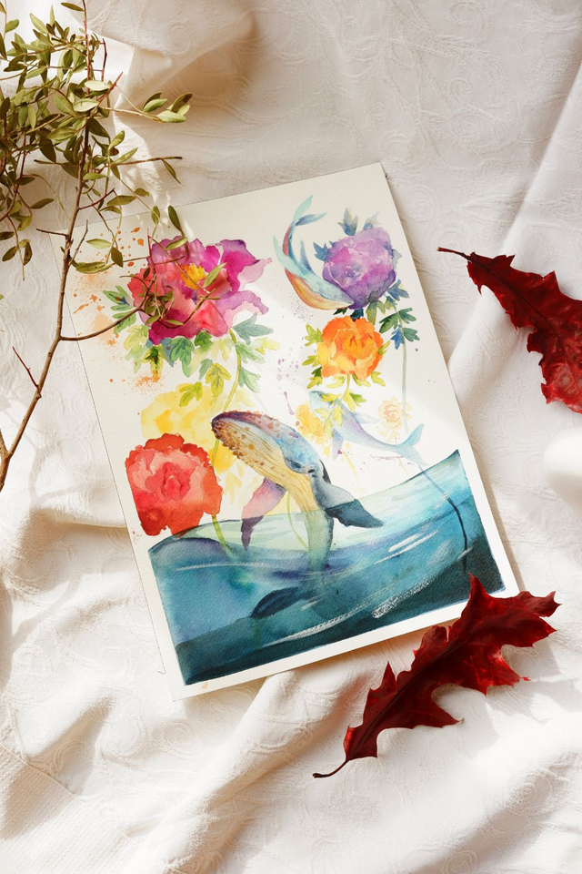 Illustration originale aquarelle "Les baleines aux pivoines"