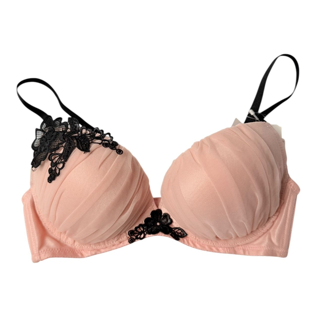 Coral pink + black floral embroidered Japanese Bra UK 32A  