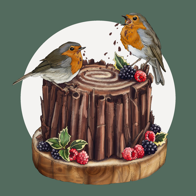 Robins Christmas Card - Yule Log