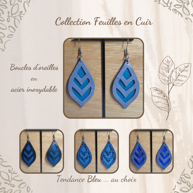 Boucles d&#039;oreilles en cuir  - Feuilles, tendance Bleu ... 