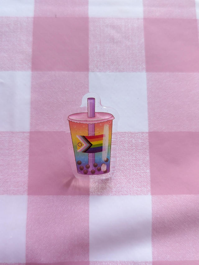 Pride Boba Pin Badge - pride pin, pride badge, pride flag, boba tea, boba keychain, boba cup, bubble tea gift, bubble tea