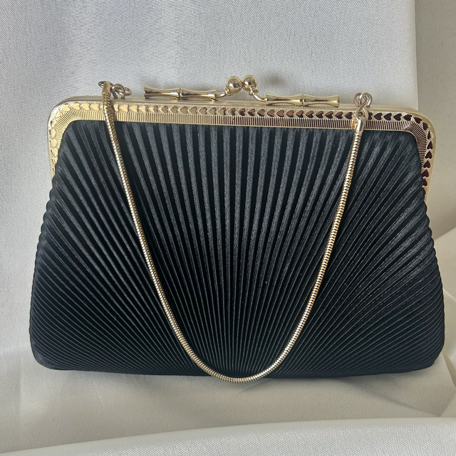 Vintage Black Pleated Satin Evening Clutch Bag
