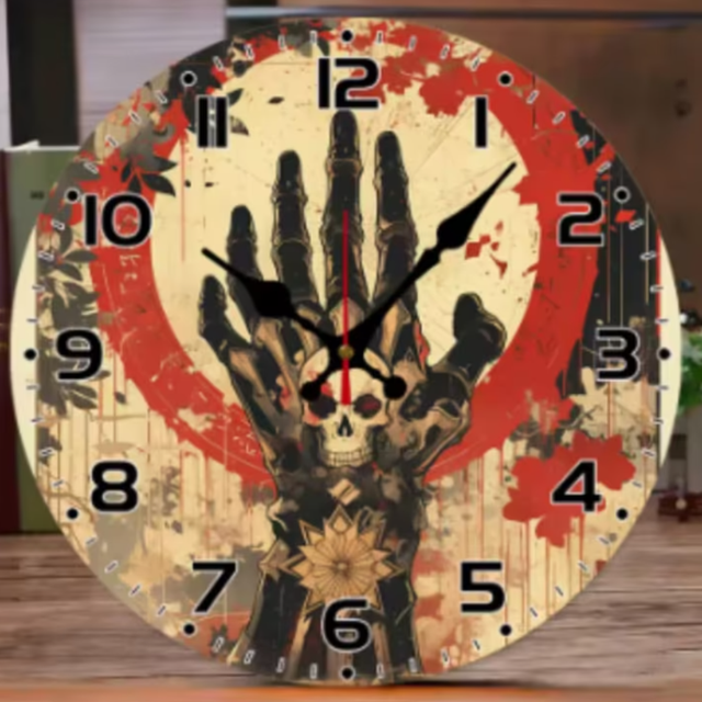 Ronde wandklok van hout Hand met schedel (25cm)