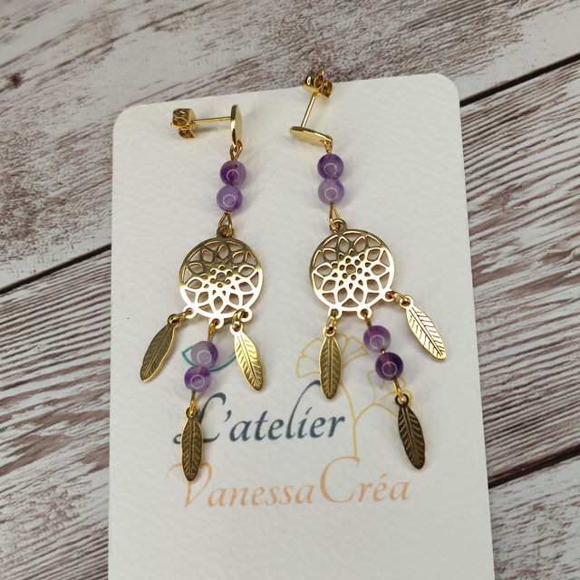 Boucles d&#039;oreilles Attrape-rêves en Améthyste