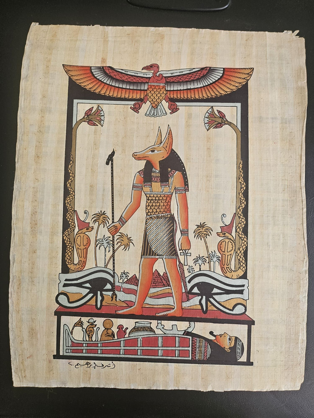 Anubis Egyptian Papyrus Art – Ancient Egypt God of Mummification &amp; Eye of Horus Wall Decor – 23 × 33 cm