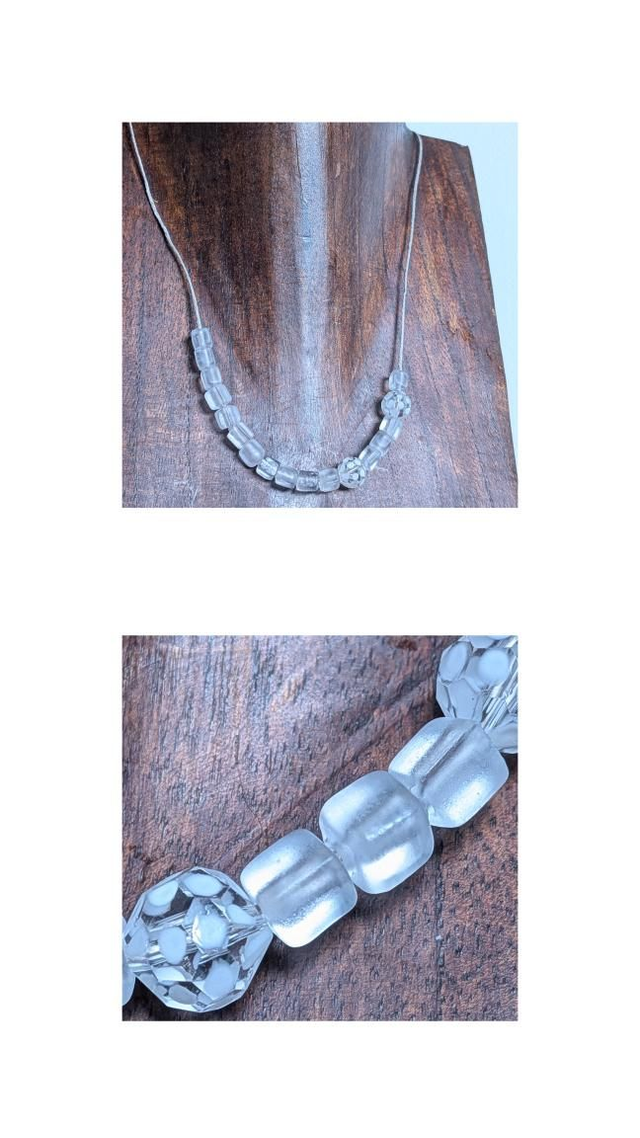 Collier en verre cube transparent et perles rondes à pois blanc, monté sur fil de lin réglable avec chaîne d'extension en acier inoxydable doré, pièce unique 