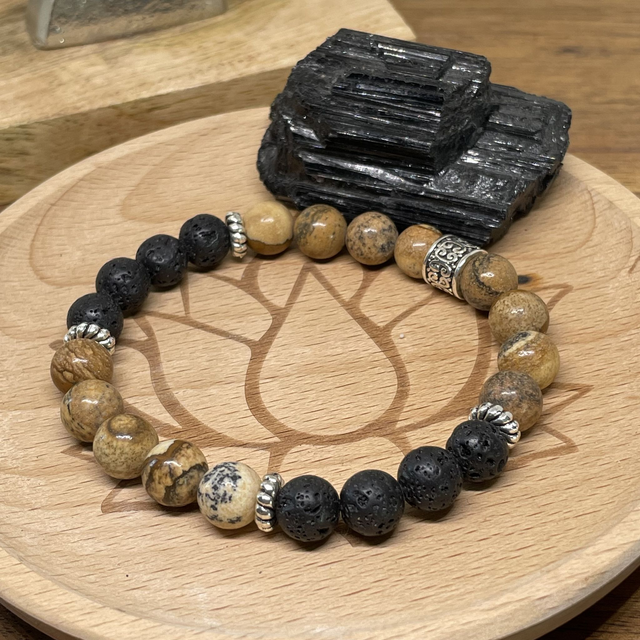 🍂🌑 Bracelet Jaspe paysage et Pierre de lave