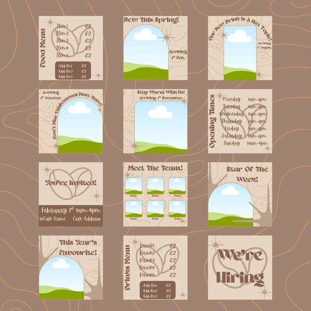 Brown Coffee Shop Instagram Socials Pack-12 Posts(Canva Standard)