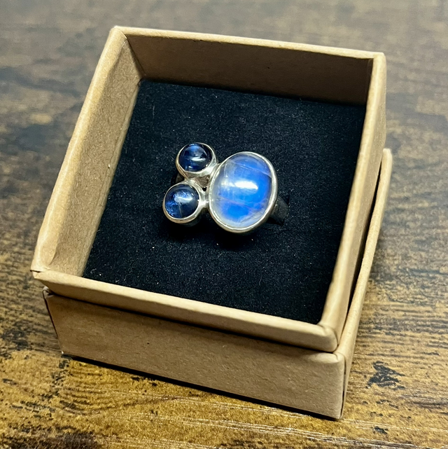 Bague en argent, Cyanites et Péristérite - Taille 58