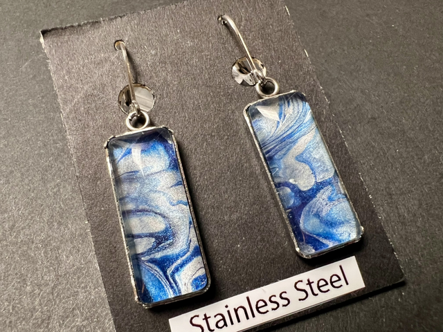 Blue &amp; Silver Rectangle Drop Earrings | Stainless Steel