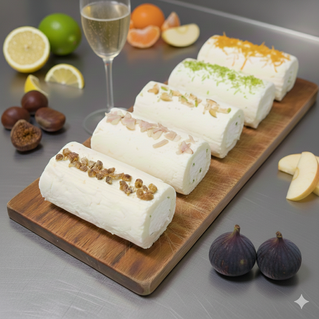 Bûches festives fourrées de compotée maison (citron/gingembre, pomme/gingembre, figue, châtaigne, mandarine)