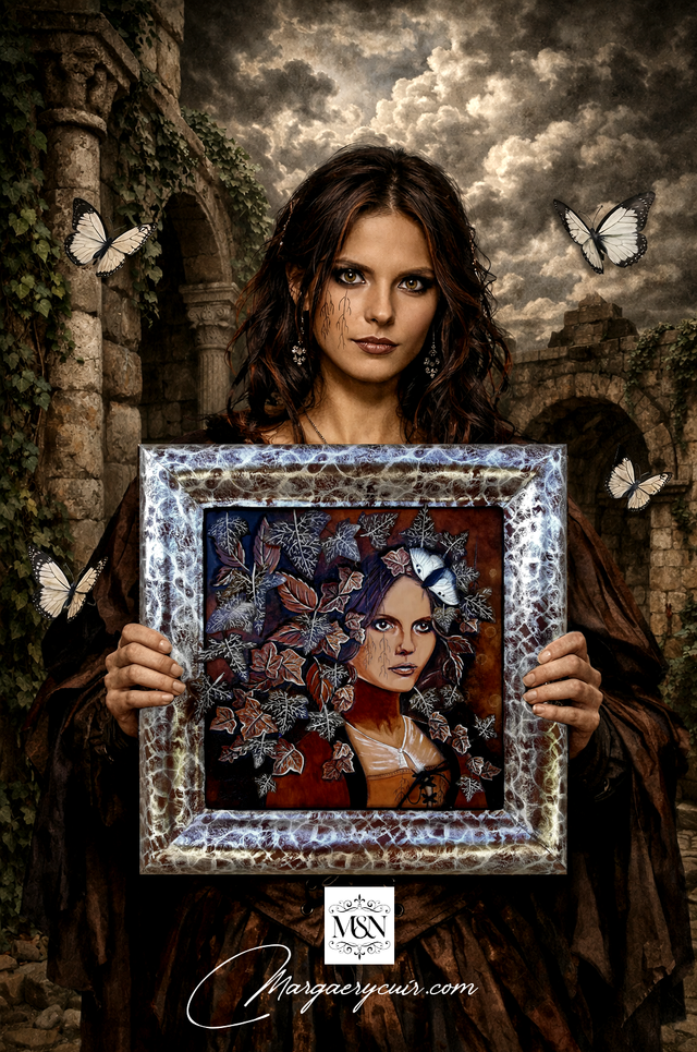 Tableau en cuir repoussé, portrait de femme fantasy, "Hedera"