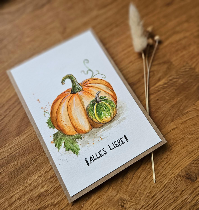 Postkarte „Kürbis“ | Kunstdruck DIN A6 auf 300g Aquarellpapier | Handgemalte Grußkarte & liebevolle Deko | Hochwertig, handmade