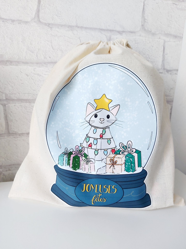 Pochon tissu illustré "Joyeuses Fêtes"| Emballage cadeau réutilisable & éco-responsable