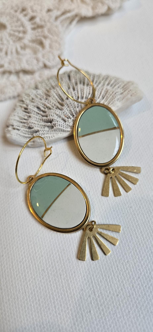 Paire de boucles d'oreilles - porcelaine Badonviller - acier inoxydable doré