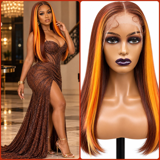 🔥 Stunning Copper Brown Straight Lace Front Wig with Fiery Orange &amp; Golden Highlights | Middle Part | Long Sleek Glam Hair