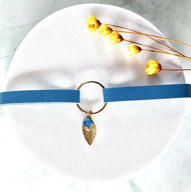 Bracelet INFINE Doré à l’Or Cuir Bleu laiteux