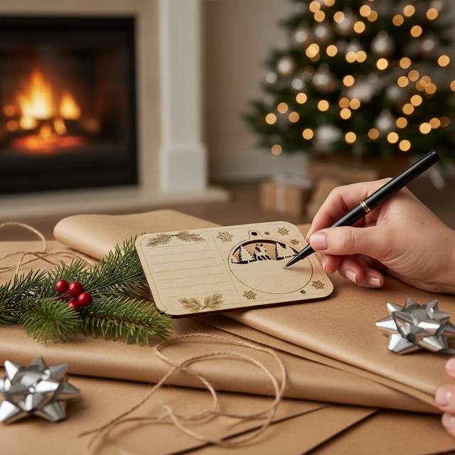 Carte postale avec boule de Noël en bois, gravée et personnalisée - décoration de sapin, déco Renne