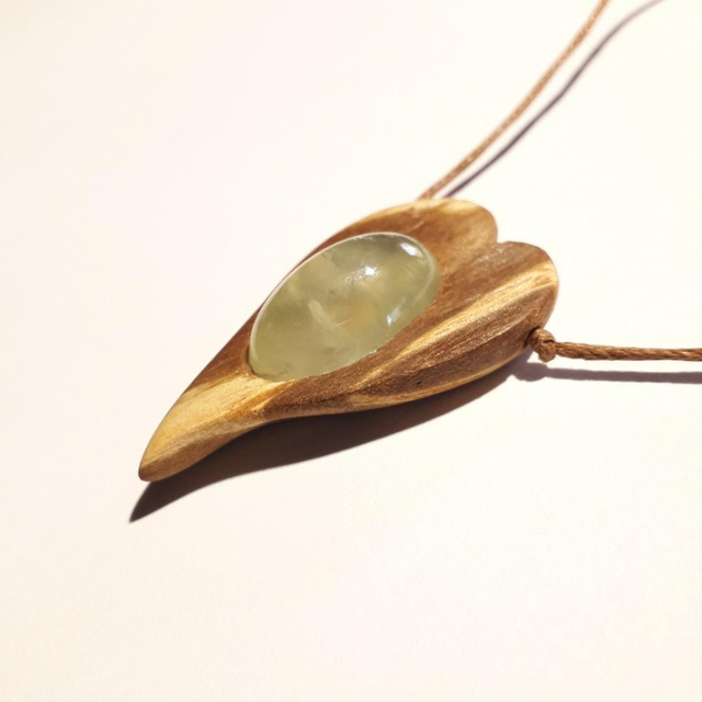 Prehnite Hearth Necklace With Hand Carved Palo Santo Wood