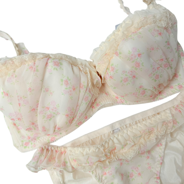 cream and pink floral  Japanese Bra + Underwear Set UK 34DD  