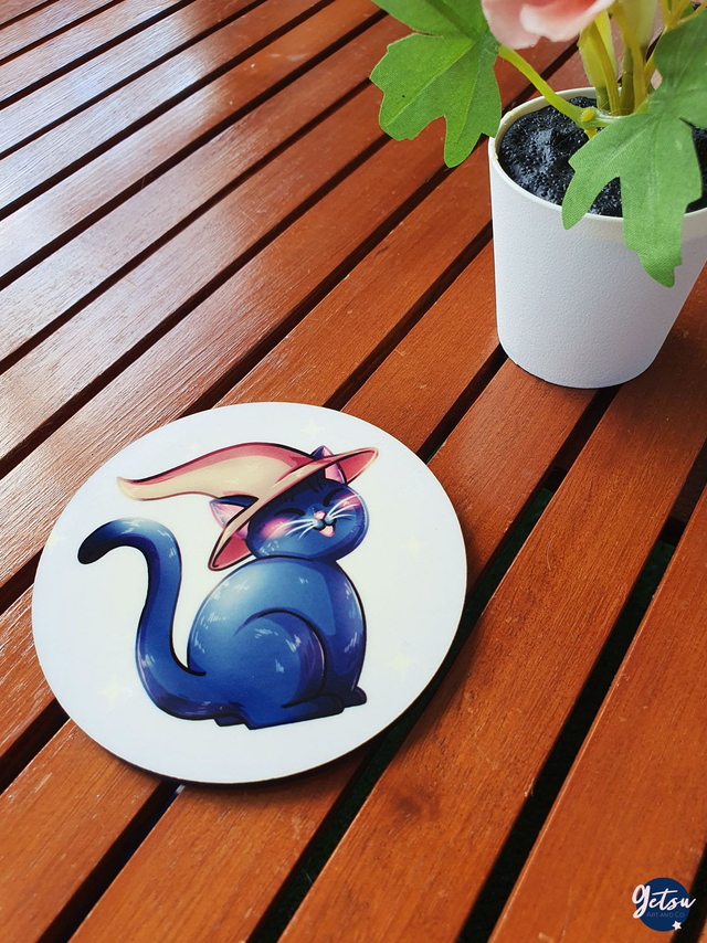 Sous-verre en bois contreplaqué, chat sorcier