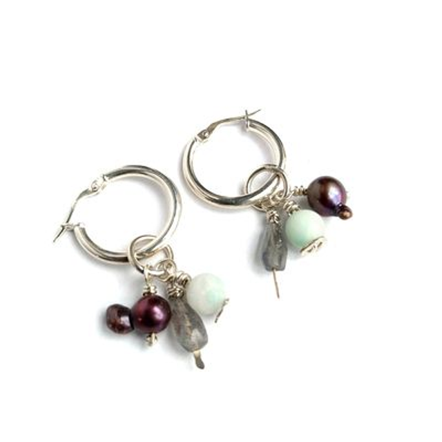 Creolen met parel, amazoniet en labradoriet