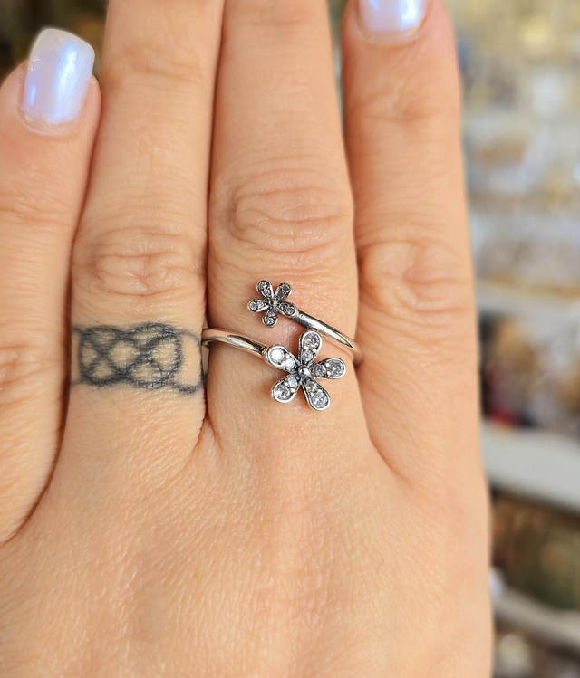 Bague "Flora" en acier inoxydable argenté noirci &amp; zircons (2 tailles)