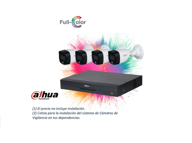 KIT DE 4 CÁMARAS DE SEGURIDAD DAHUA, FULL COLOR HD  +  GRABADOR     [Cámara Dahua HDCVI Bullet Full-Color 2MP 1080P 2.8mm LED20 IP67]