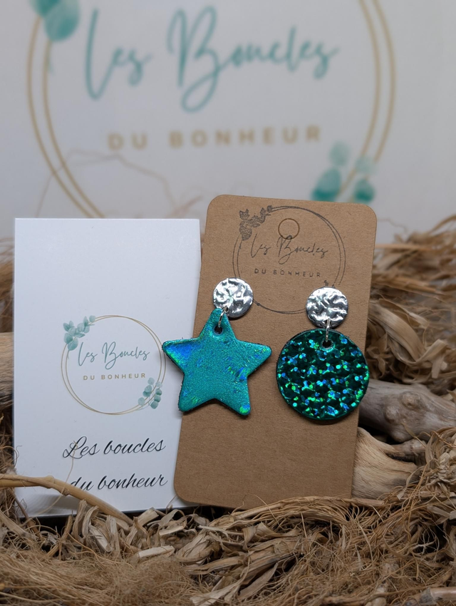 Boucles d'oreilles Asymétrique bleu turquoise vert scintillant nc005