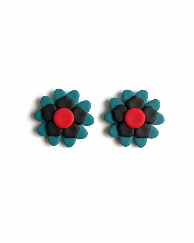 Groovy flowers mini teal, rojo y negro