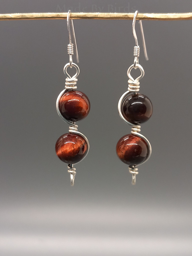 Red Tigers Eye Sterling Silver Wire Wrapped Earrings 