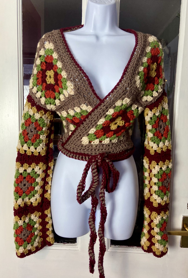 Crochet wrap cardigan.
