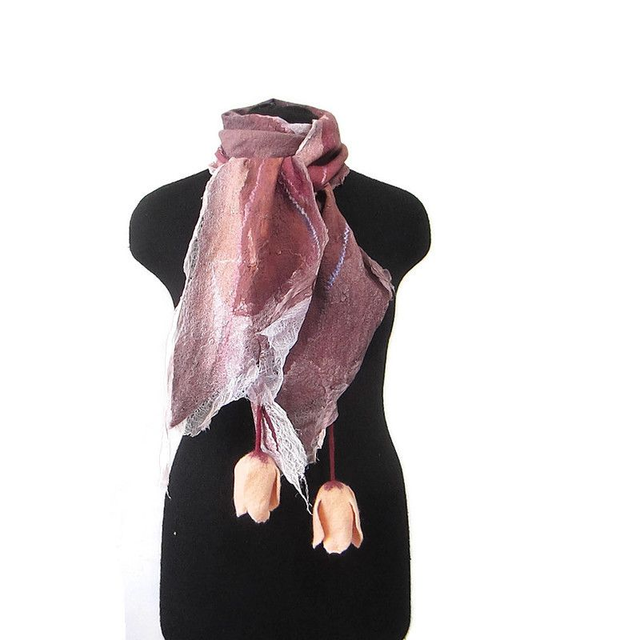 Sciarpa lana merino seta infeltrita fiori tulipani Sciarpa rosa lunga con paillettes donna fatto a mano