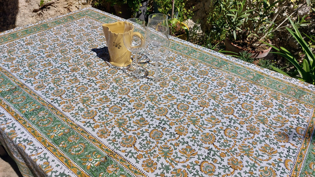 Grande nappe rectangulaire imprimée à la main, coton, motif floral jaune et vert