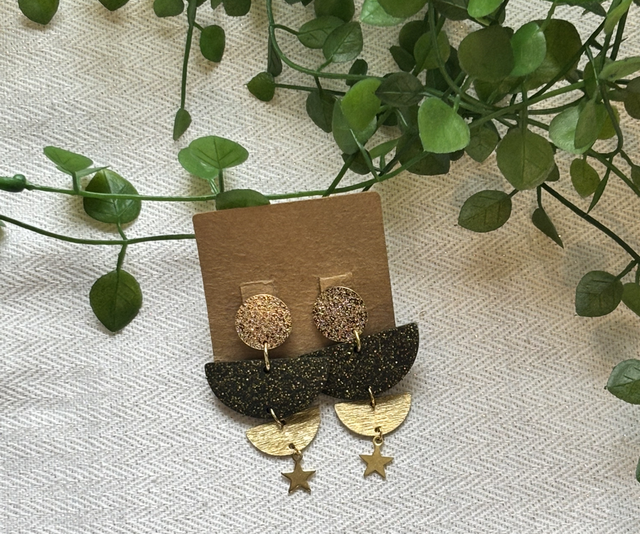 Boucles d’oreilles résine noires et dorées 