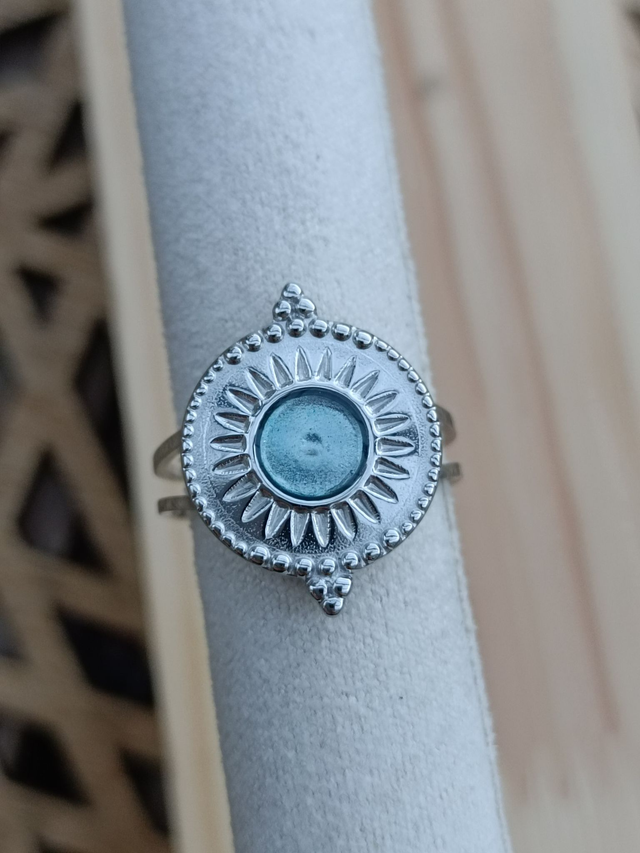 Bague Ethnique réglable - Argent - Résine Bleue