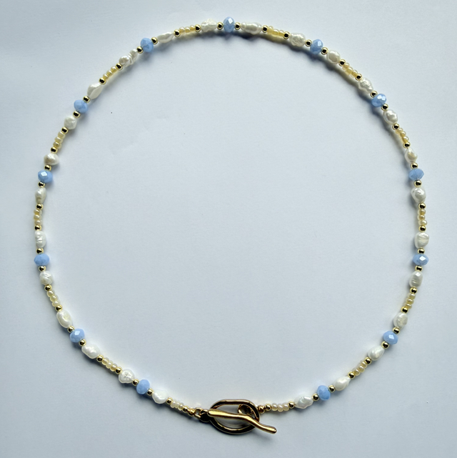 ARABELLA - Powder Blue, Butter Yellow & Pearl Beaded Toggle Necklace
