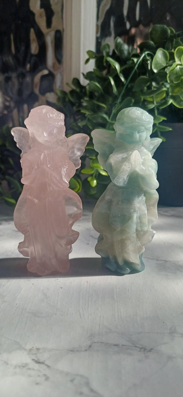 Praying Angel Carvings in Rose Quartz and Caribbean Calcite 