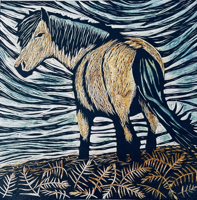Dartmoor pony watching, limited edition linocut print