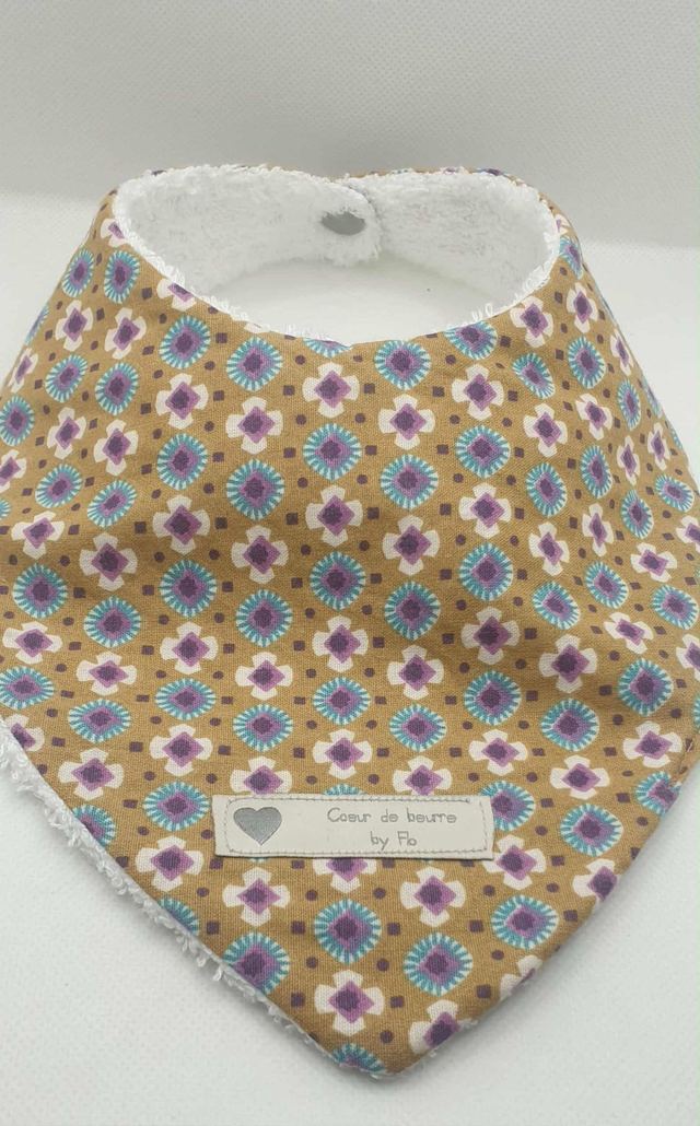 Bavoir bandana "Moutarde motifs violet et bleu"