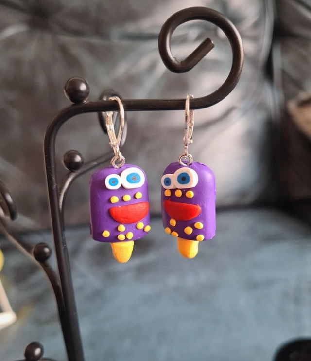 Earrings Purple Clay Happy Face Lollipop Ice Lolly Earrings Lever Backs