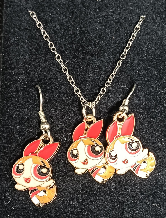 Enamel Powerpuff Girls Pendant Necklace and Earrings Set