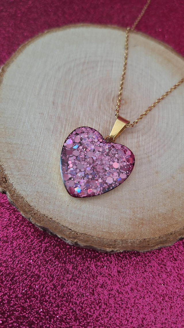 Collier cœur paillettes roses